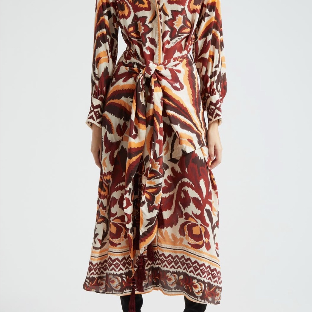 FARM Rio tie front long sleeve shirtdress. Vibrant Red and Orange Midi Dress